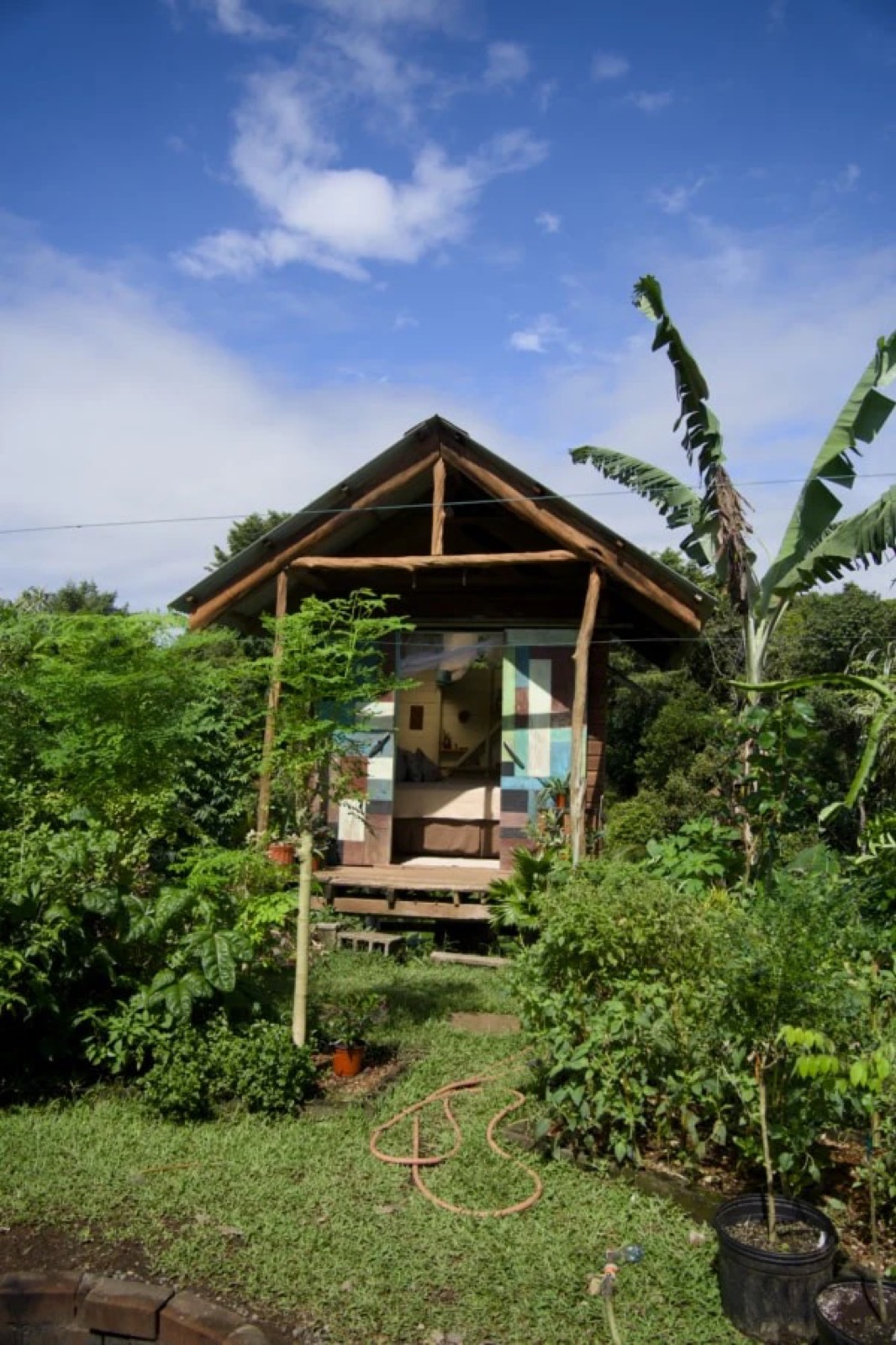 A-frame tiny house with a glass front, set among the homestead's tropical gardens