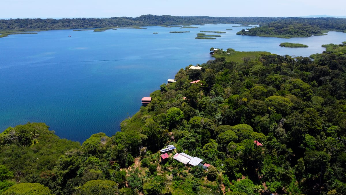 Aerial view of the off-grid waterfront property for sale on Isla Solarte in the Bocas del Toro archipelago, Panama, surrounded by turquoise Caribbean water