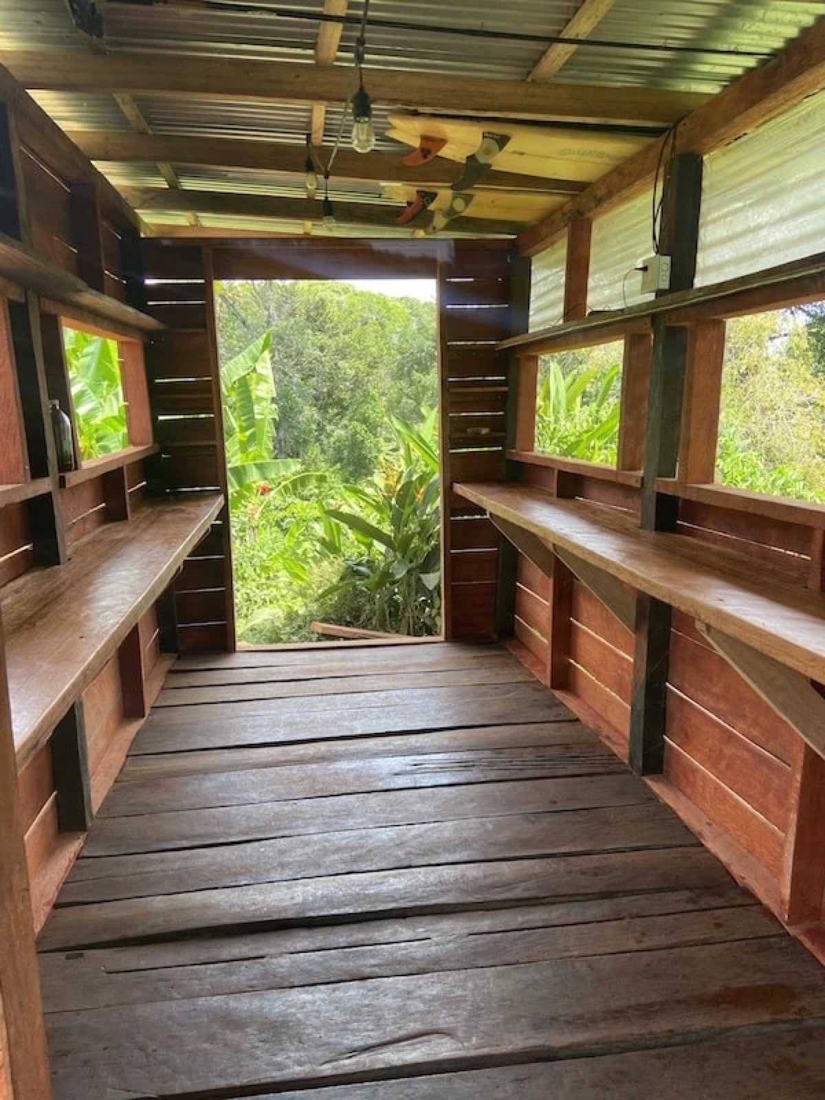 Hardwood potting shed with workbenches overlooking the jungle