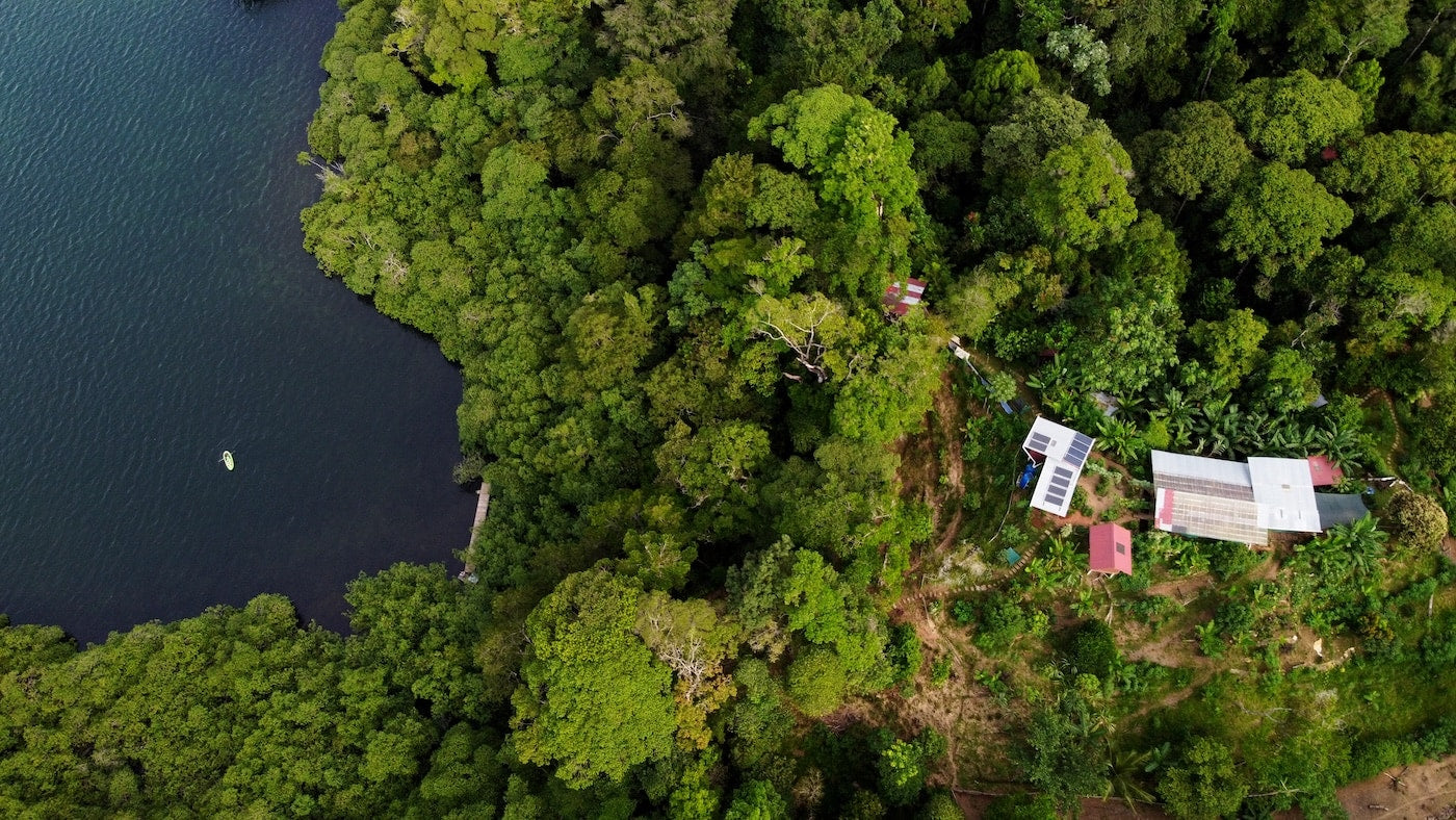 Aerial of the homestead's private cove and dock with a boat in deep water