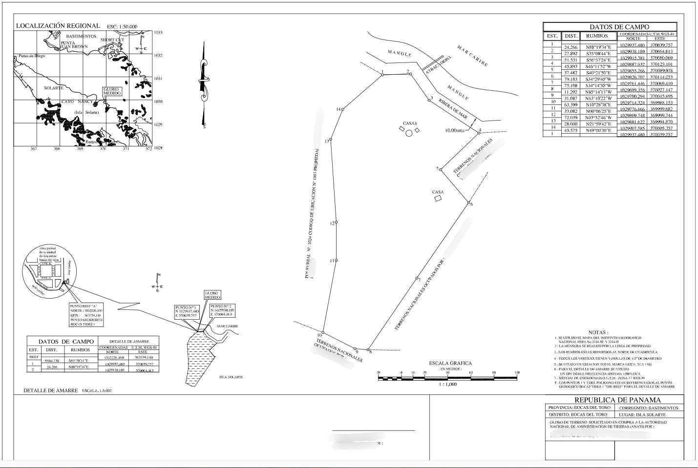 Hand-drawn site plan of the 4.85-acre property on Isla Solarte, Bocas del Toro, showing structures and shoreline