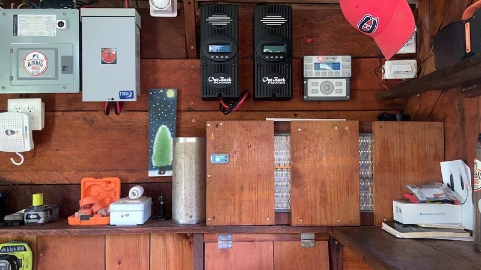 Off-grid power room with Outback inverters, charge controllers and battery monitoring