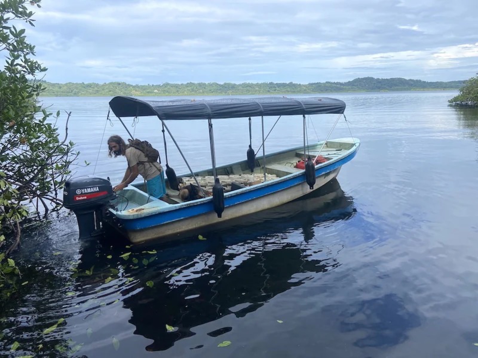 The property's 19-foot boat with a 40 hp Yamaha engine and canvas roof, moored at the shoreline